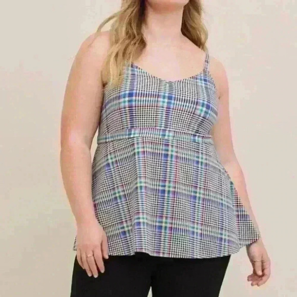 Torrid Multi Color Plaid Babydoll Mixed Fabric V-Neck Tank 00 M/L - Picture 1 of 8